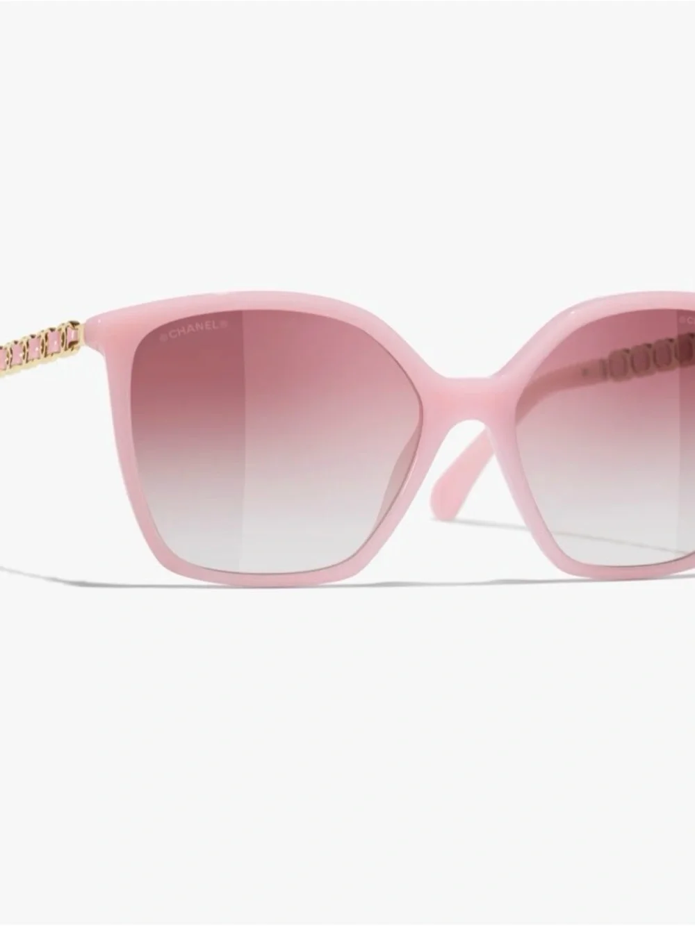 Authentic CHANEL Pink Square Sunglasses with Gold Chain-Detail Temples